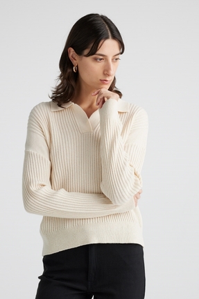 Merino collar trim V neck jumper-knitwear-Gaby's
