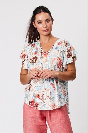 V neck frill sleeve print top-tops-Gaby's