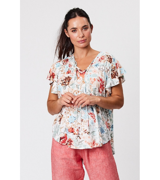 V neck frill sleeve print top