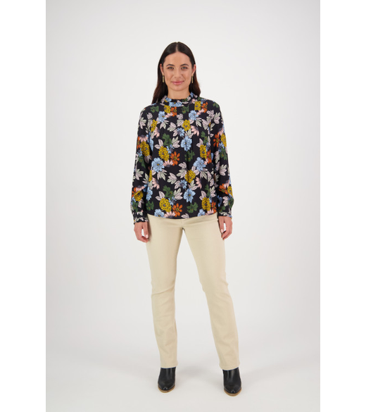 Ruffle neck top with pleat front