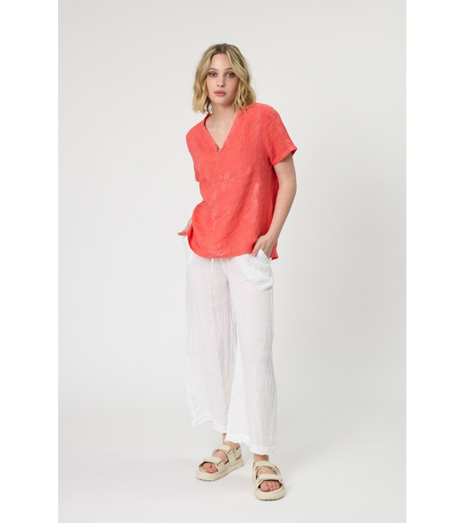 Linen frill top embroidered