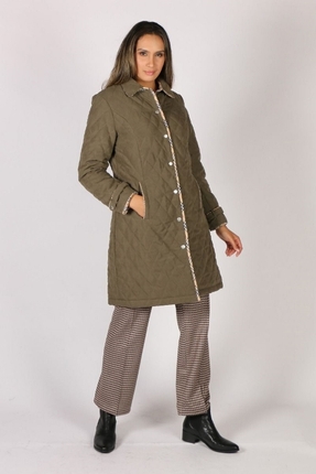 Long quilted jacket check trim-coats-Gaby's