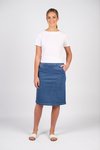Flat front pull on denim skirt