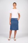 Flat front pull on denim skirt