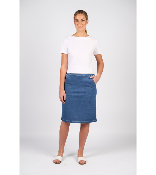 Flat front pull on denim skirt