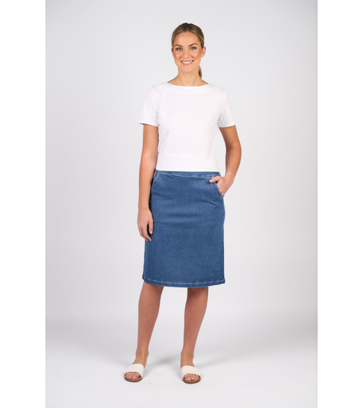 Flat front pull on denim skirt