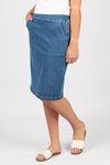 Flat front pull on denim skirt
