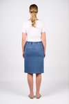 Flat front pull on denim skirt