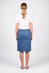 Flat front pull on denim skirt