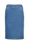 Flat front pull on denim skirt