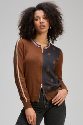 Stripe spot zip up cardi-knitwear-Gaby's